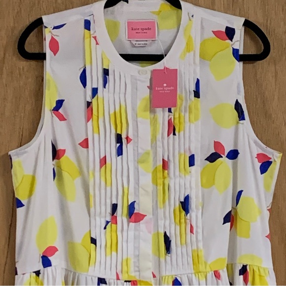 KATE SPADE Lemon Zest Cotton SHIRT DRESS Pockets Hidden Button Summer Sleeveless - Picture 4 of 10